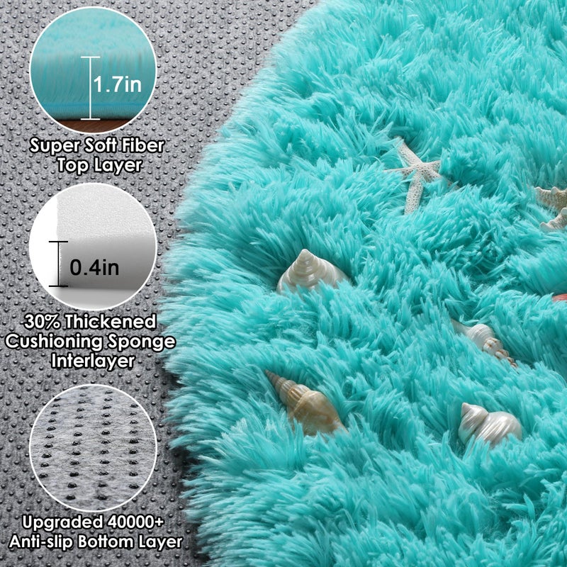 ONASAR Teal Blue Round Area Rug 4ft, Soft Fluffy Bedroom Bedside Floor Circle Rugs for Kids Girls Boys Teen Room, Cute Fuzzy Furry Plush Shaggy Carpet for Nursery Living Room Playroom Dorm Home Decor - Image 2